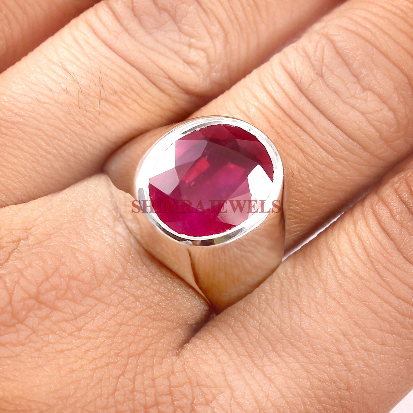Heated Ruby Gemstone With 18K White Gold Plated Silver Ring For Men’s #898