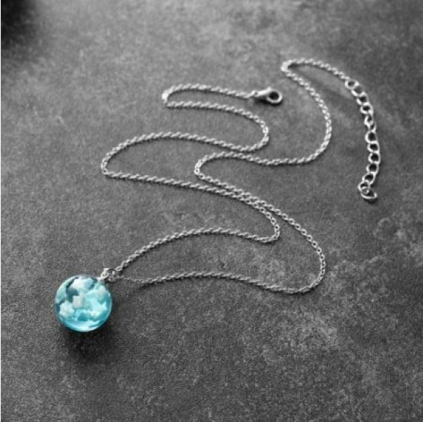 White Clouds Blue Sky Resin Glass Marble Ball Pendant Necklace Terrarium