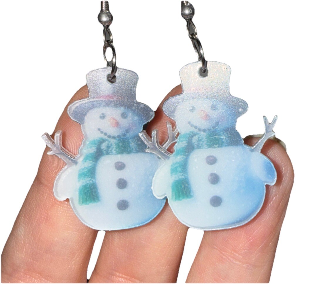 Pair Of Blue Snowman Acrylic Earrings 2D Flat Dangling Earrings 1 1/8 In Long