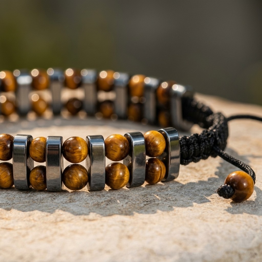 Tiger Eye Hematite Bracelet Adjustable Beaded Stone Mens Jewelry Verified Gift