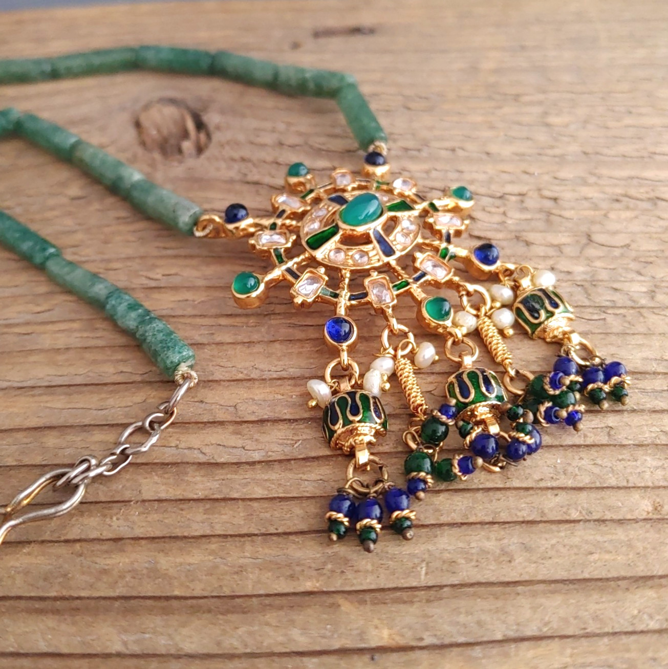 Ornate Gold Tone Green Blue Pendant Necklace Beaded Stone Freshwater Pearls 16”
