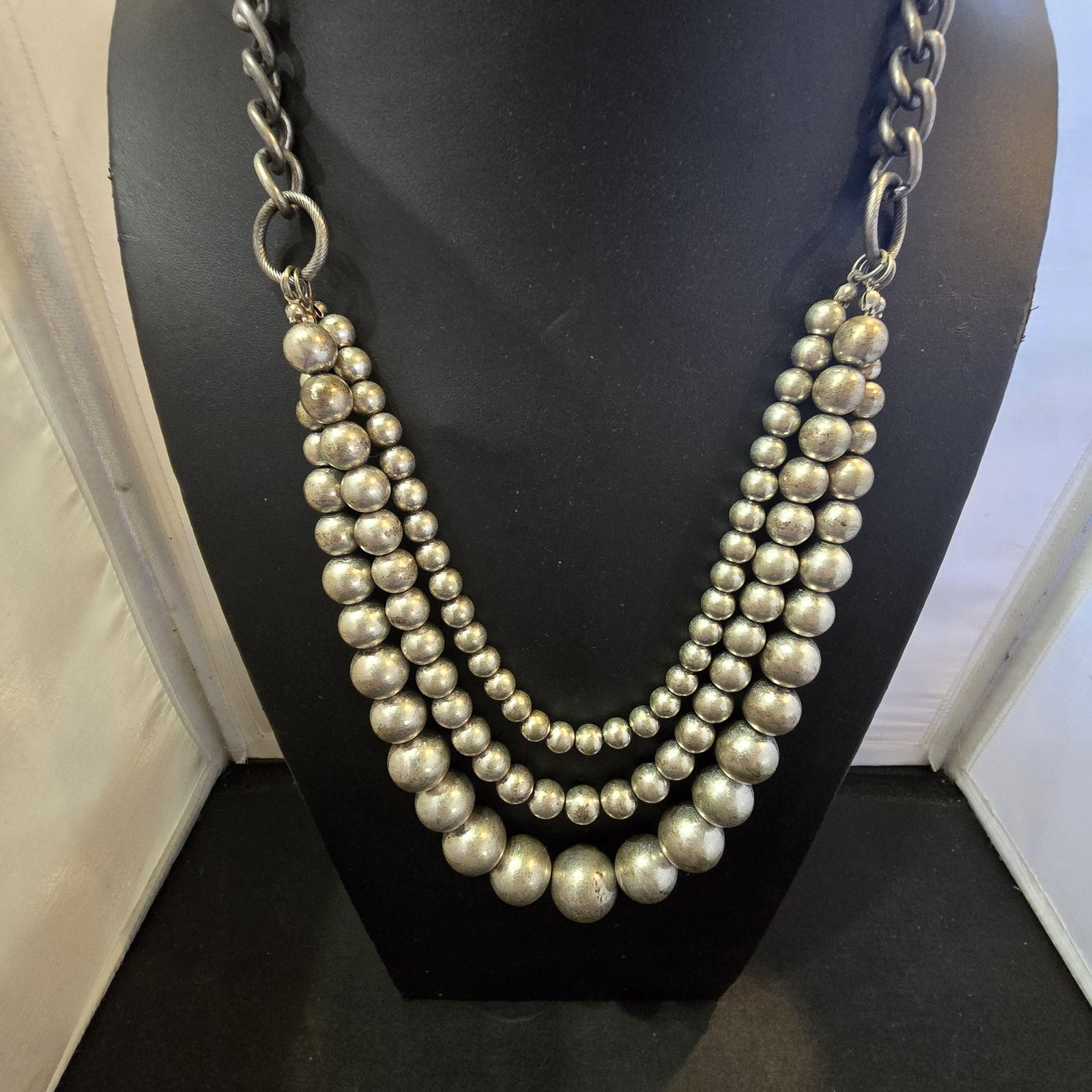 Necklace Silver Layered Beaded Statement Chain Toggle Closure Chunky Womens