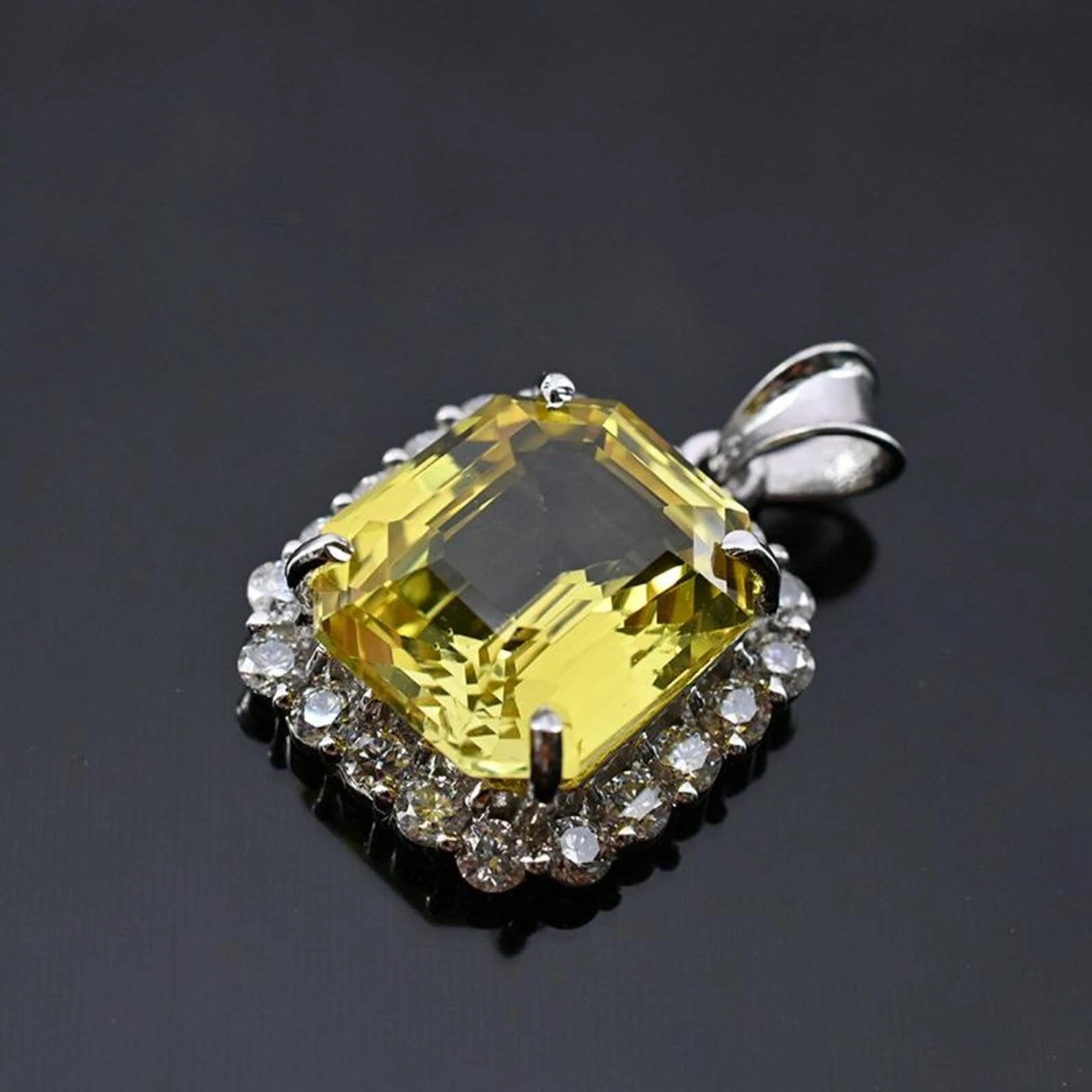 EGL Certified Emerald Cut Yellow Sapphire Pendant with Zircon Halo & Chain