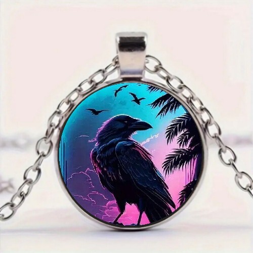 Gothic Colorful Crow Round Pendant Necklace, Bohemian Style