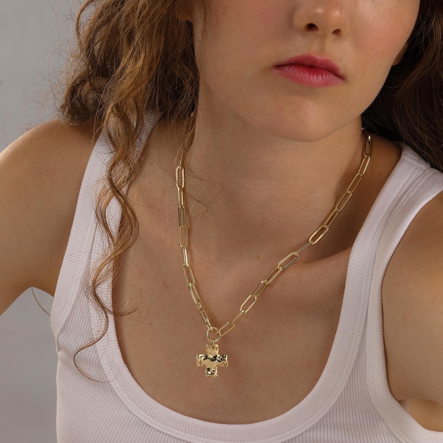 Statement 14K Gold Chunky Hammered Cross Pendant Necklace Trendy Paperclip Chain