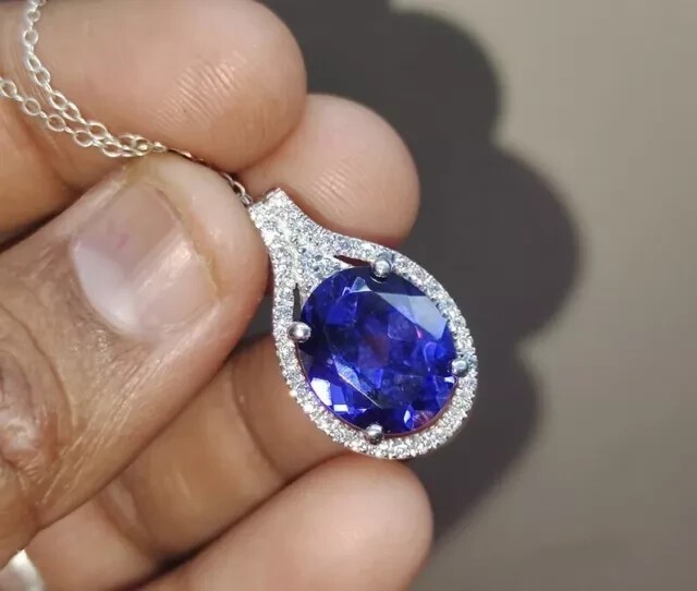 Oval Cut Simulated Blue Tanzanite Charm Pendant Chain In 14k White Gold Plated