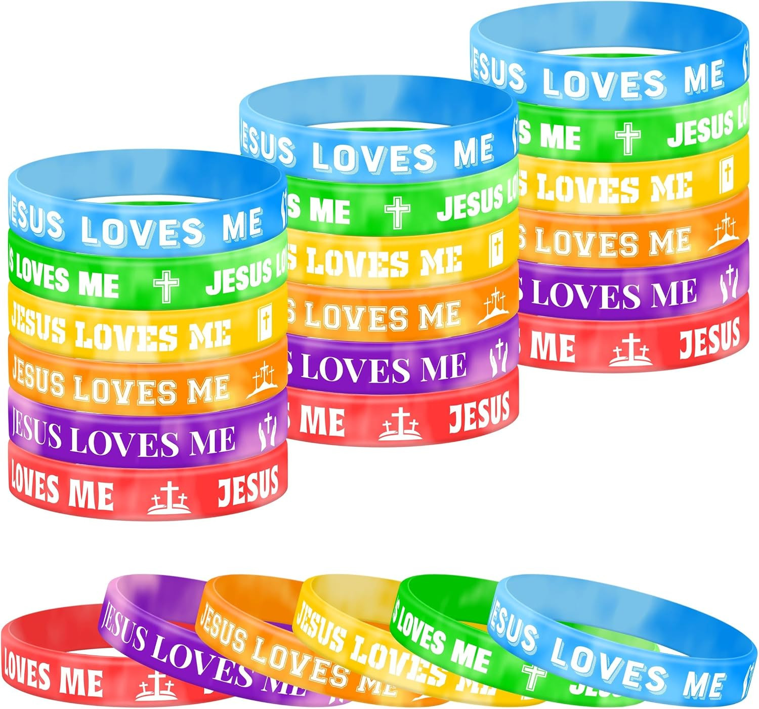 Lesnala 48 Pcs Jesus Loves Me Silicone Bracelets for Church 6 Styles | Colorful