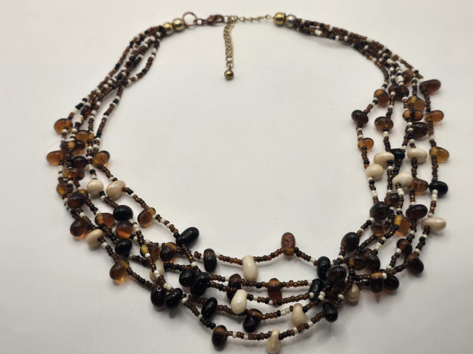 Boho Multi-Strand Glass Bead Necklace – Earth Tone Amber Brown Cream Layered…