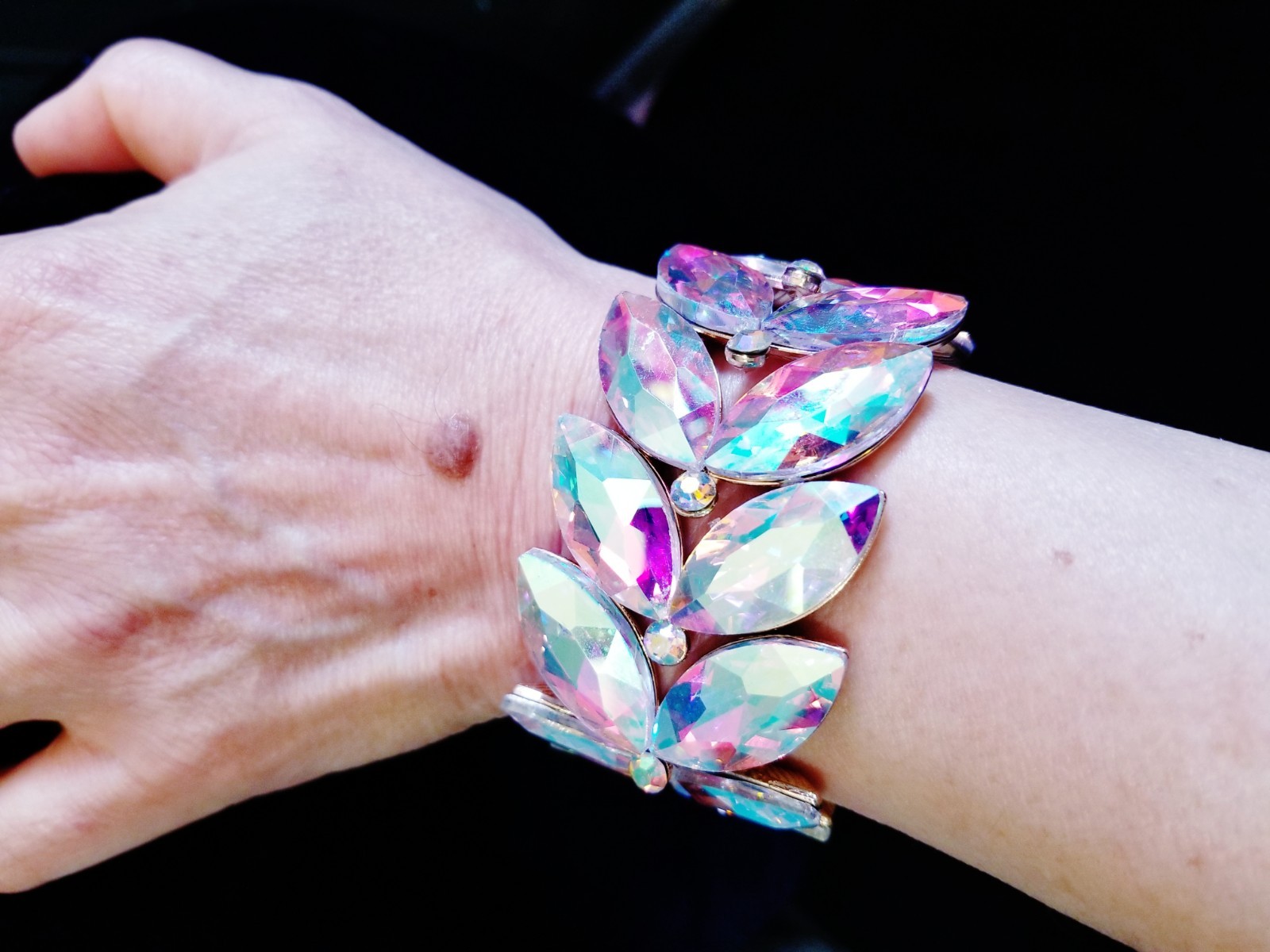 Iridescent Gold Rhinestone Stretch Bracelet Statement Drag Pageant Prom Bridal