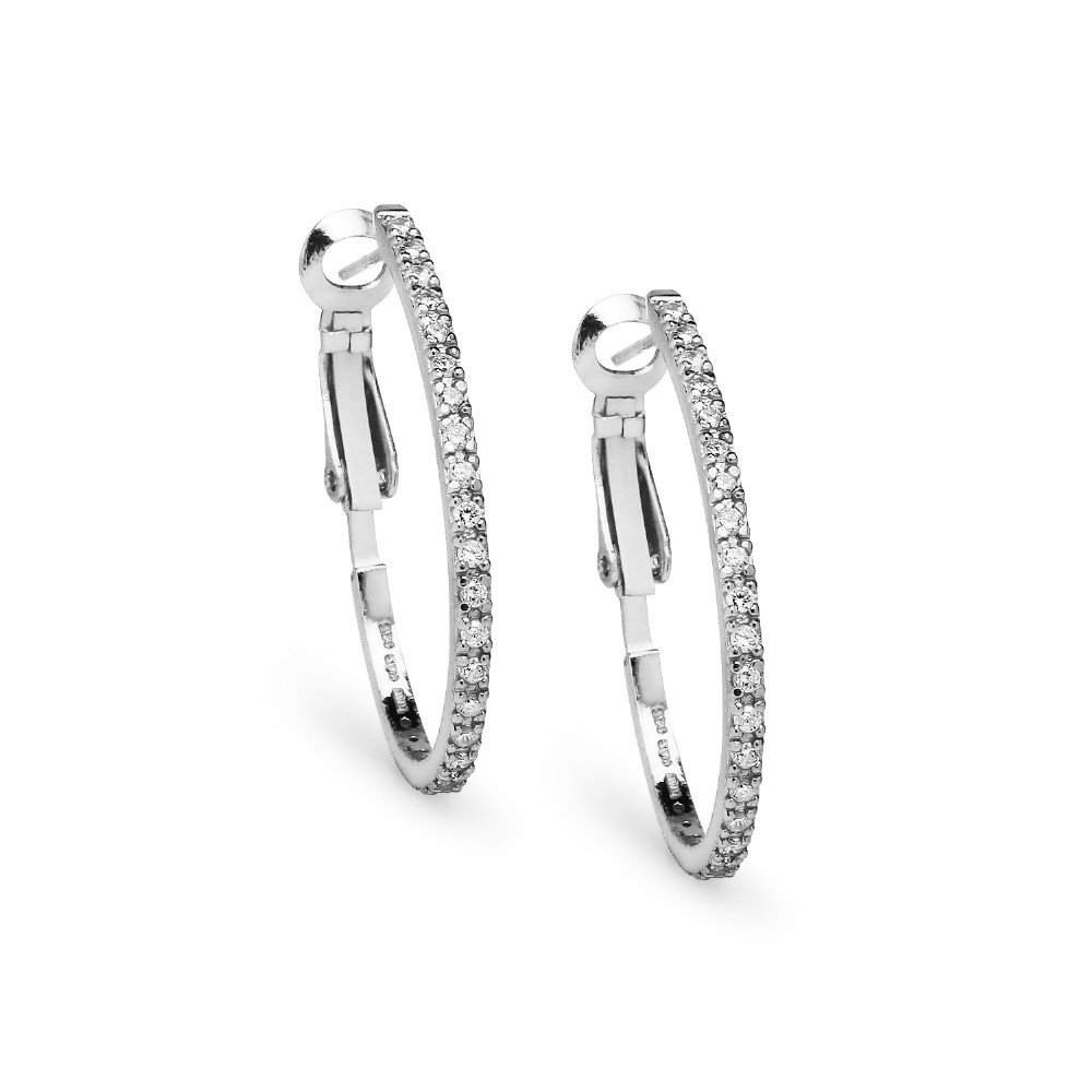 Cubic Zirconia Clutchless Oval 33mm Hoop Earrings in Sterling Silver