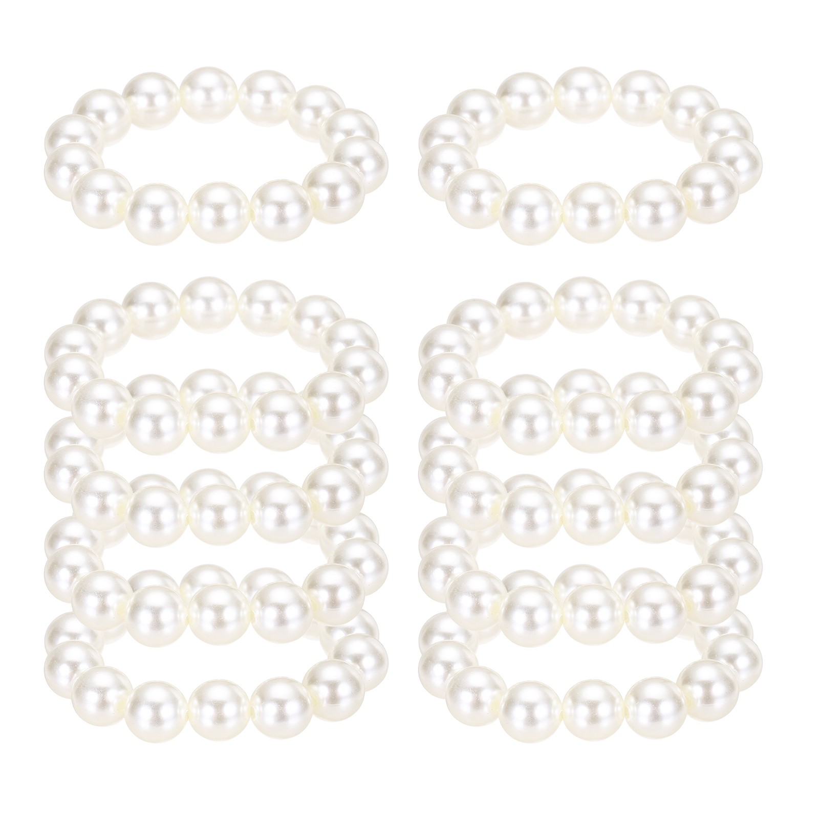 10 Pcs White Pearl Bracelets for Women, 14mm Pearl Stretch Bracelet, Beige