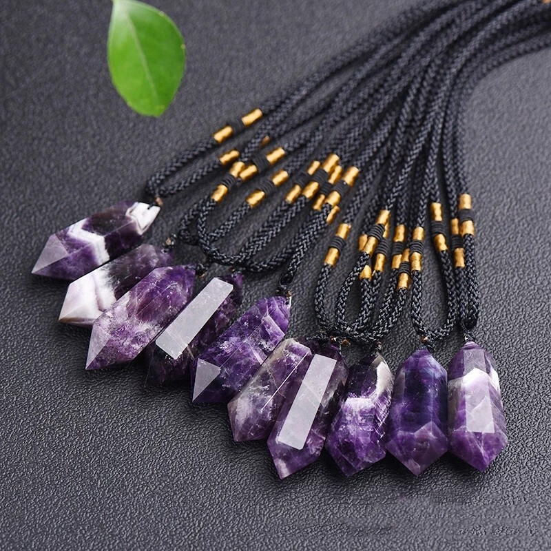 Natural Amethyst Crystal Hexagonal Point Pendant Healing Reiki Amulet Necklace