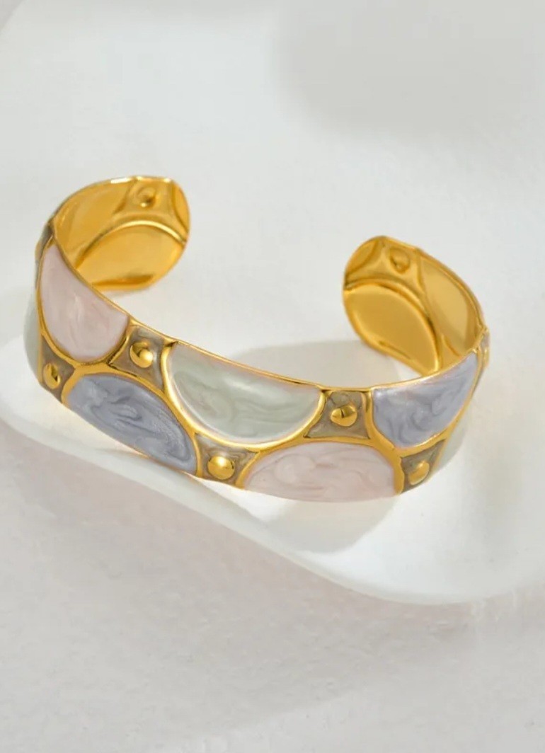 Gold Plated Stainless Steel French Retro Open Cuff Enamel Marble Bangle, S-M