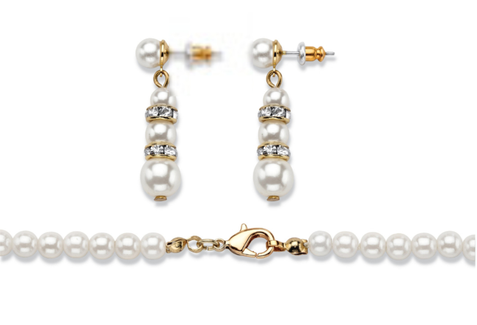 SIMULATED PEARL CRYSTAL NECKLACE EARRINGS BRACELET SET GOLD TONE