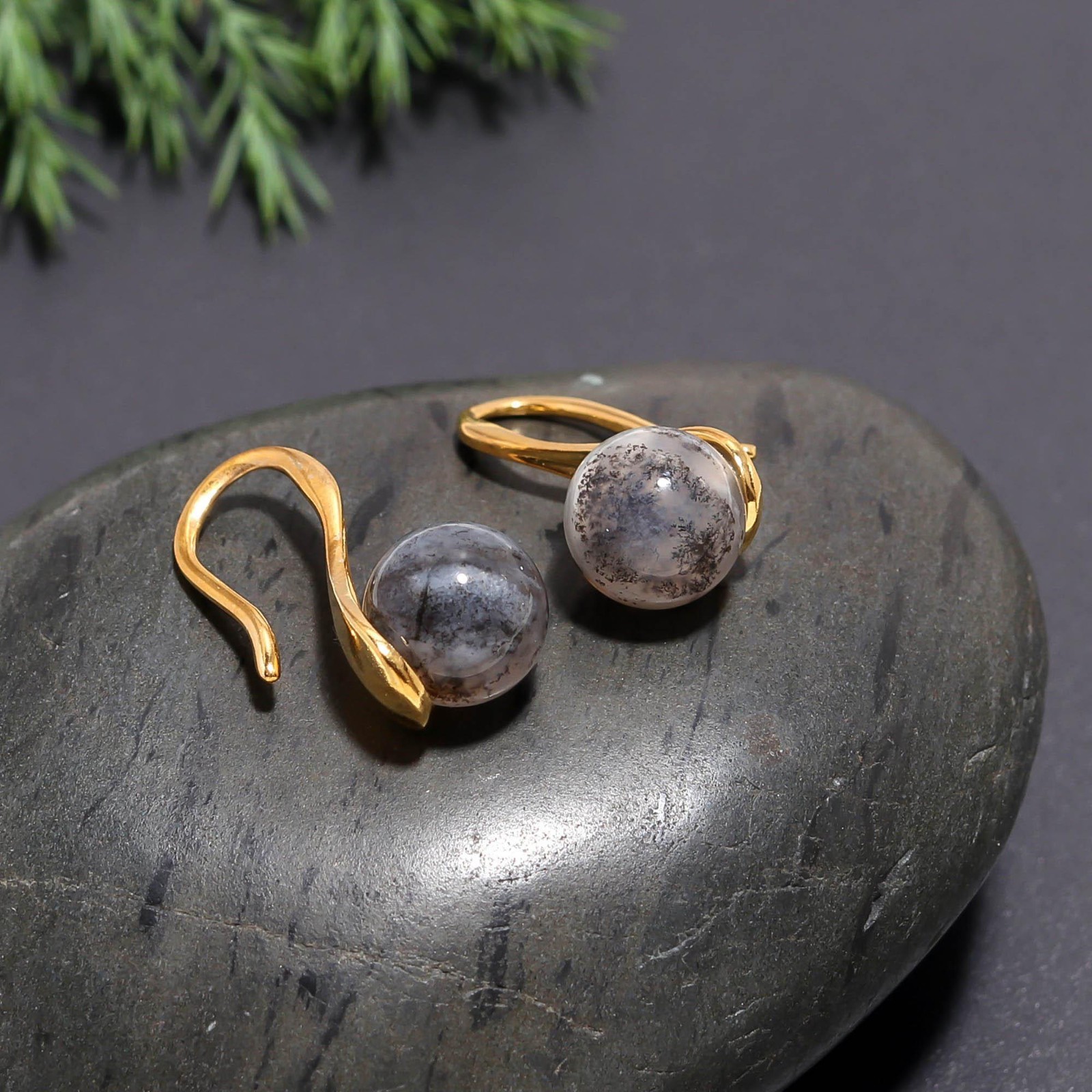 Natural Dendrite Opal Ball Dangle Earrings Gold Fill 925 Sterling Silver Jewelry