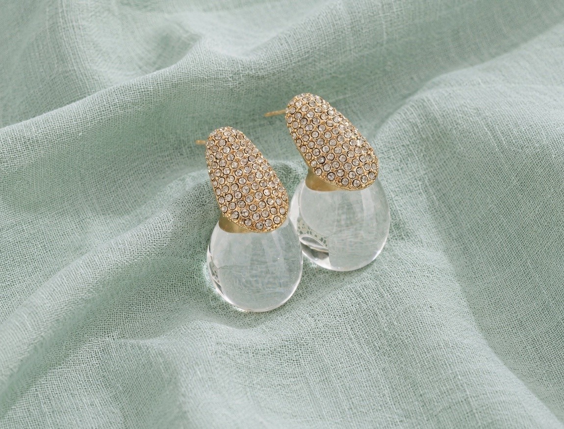 Teardrop Lucite Clear Earrings Gold Stud Boho Statement CZ Retro Fluid Molten