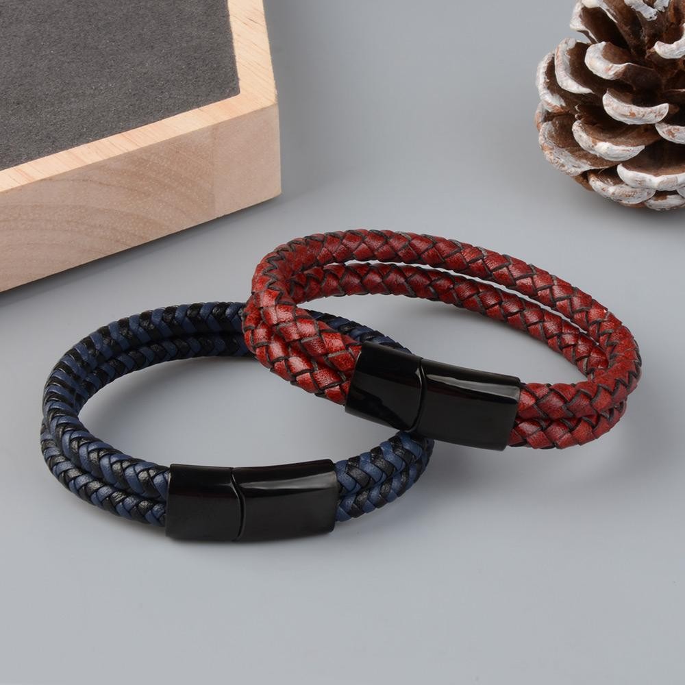 Genuine Leather Double Rope Braid Bracelet with Stainless Steel Magnetic Clasp