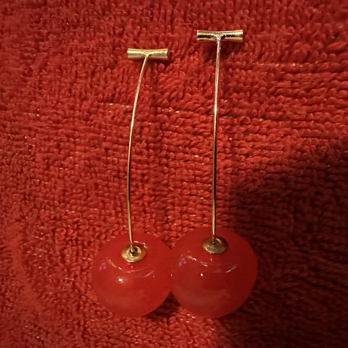Red Cherry Dangle Drop Earrings Hook Closure Plastic No Stone Lobe