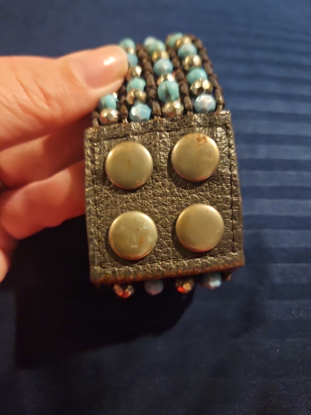 Turquoise Silver Bracelet Beaded Yik Fung Snap Closure Wide Cuff Faux Leather 9″