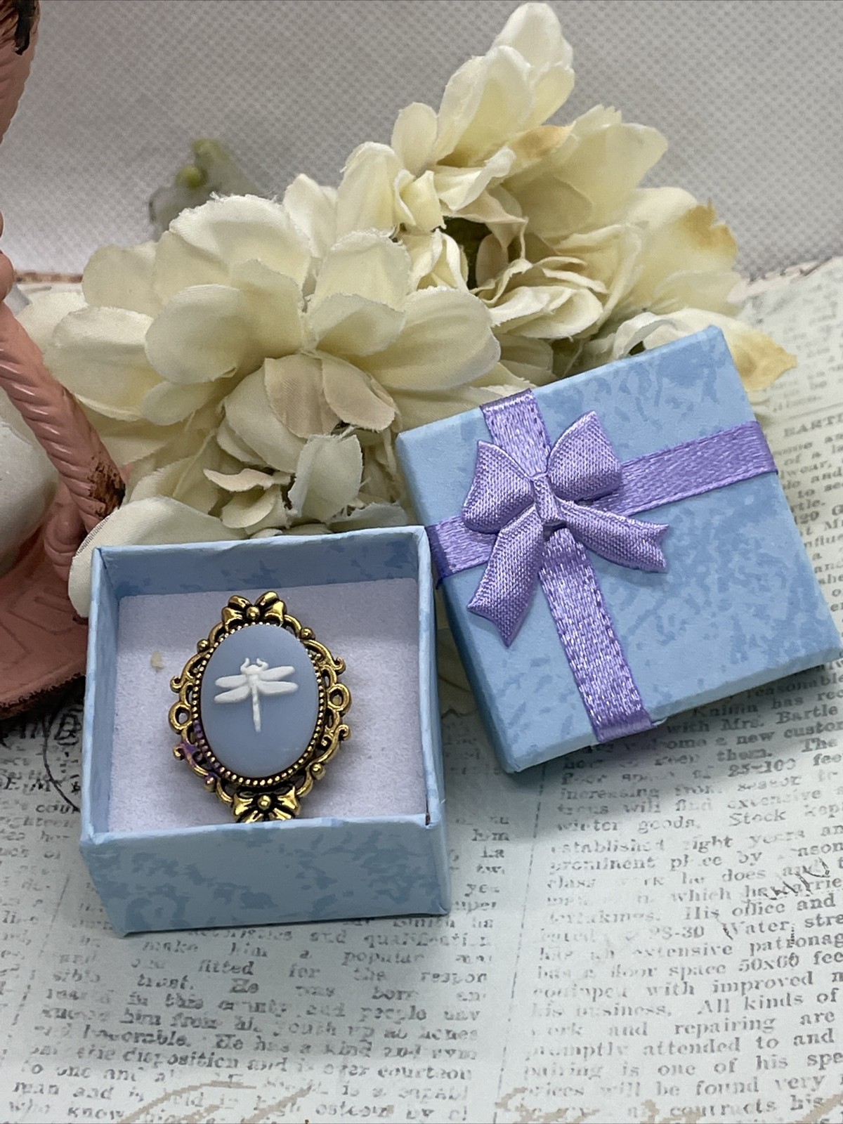 gold Dragonfly Blue White Cameo Nature Renaissance Gift Ring Adjustable Festival