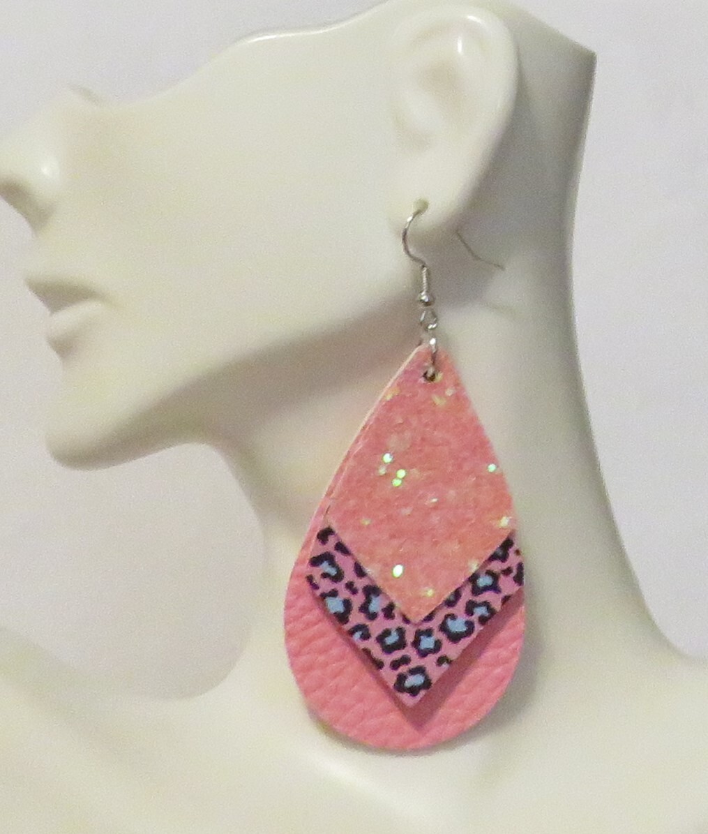 Cotton Candy Pink Triple Faux Leather Teardrop Earrings Dangle 2.5″ Hook