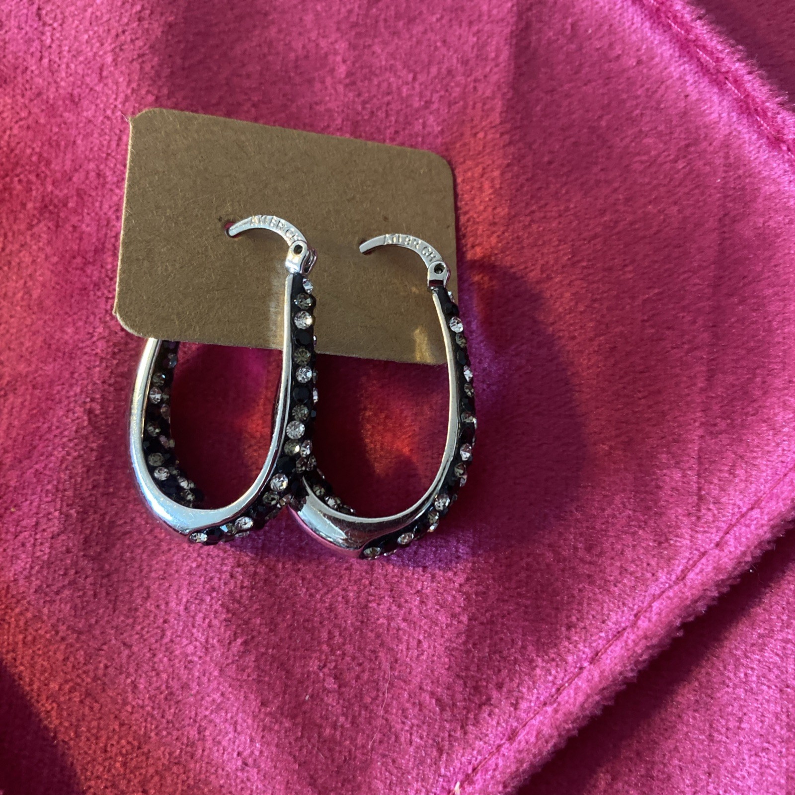 ATI BR CH Earrings Silver Black Gray Rhinestones Oval Hoop Dangle Drop Sparkly