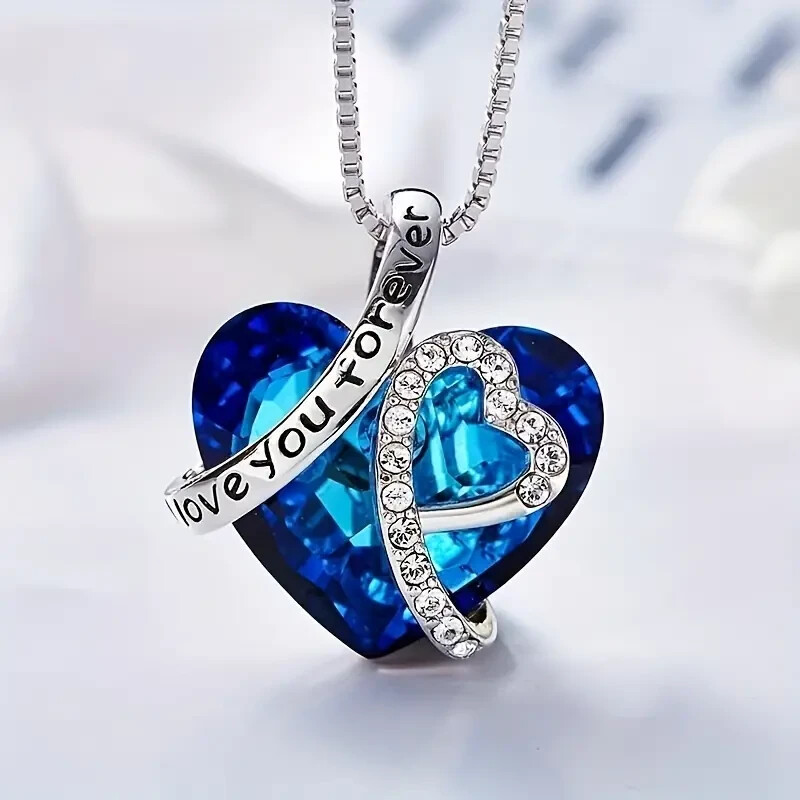 925 Sterling Silver I Love you Heart Blue Topaz Fashion Jewelry Pendant Necklace