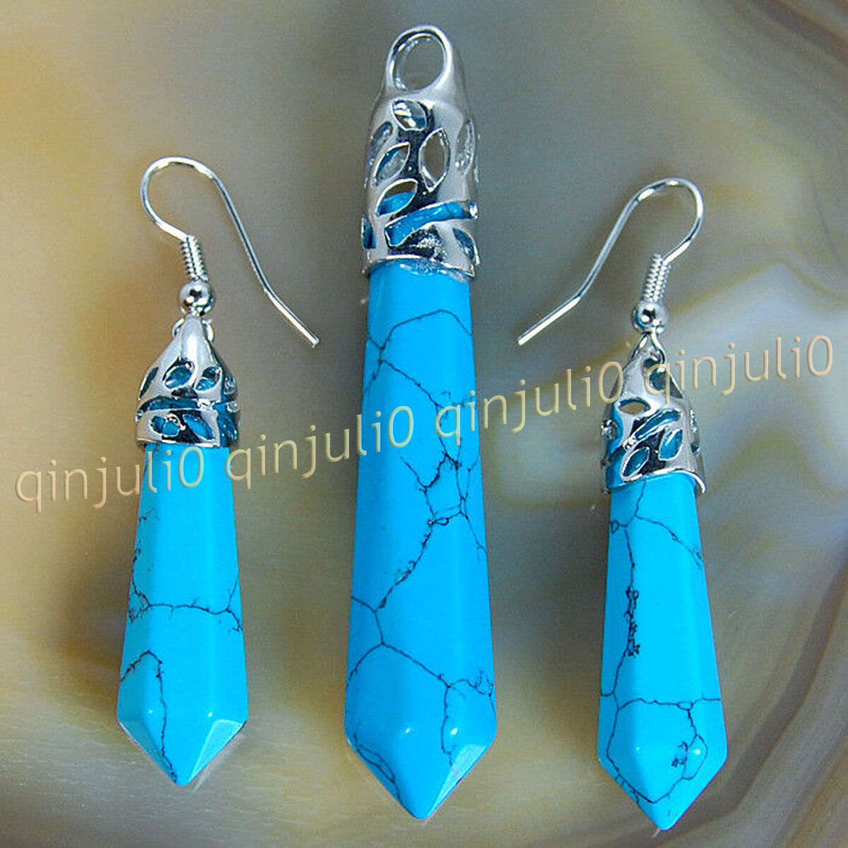 1 Set Natural Gemstones Hexagonal Pointed Reiki Chakra Pendant Earrings Jewelry