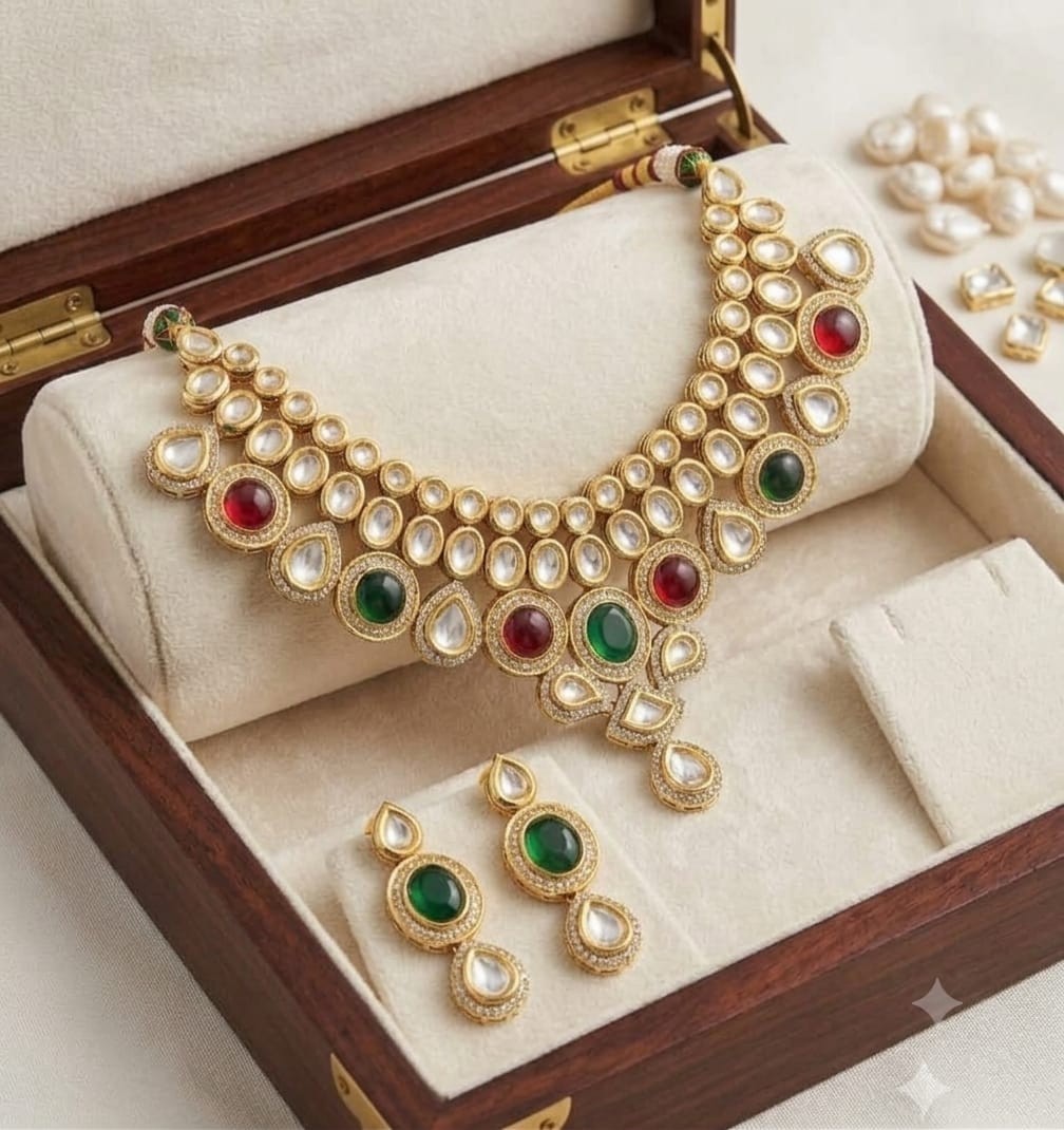 4 in 1 Kundan Bridal Necklace Set Gold Plated Pearl Wedding Jewelry Women