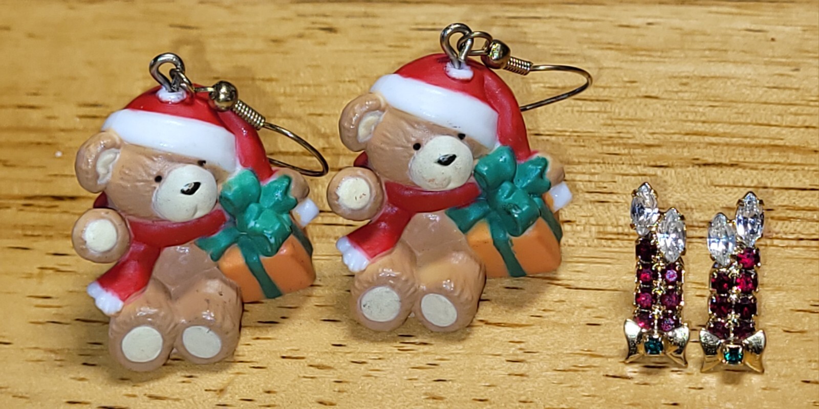 2 Pair Christmas Teddy Bear Red Santa Hat Candles Earrings Festive Novelty Cute