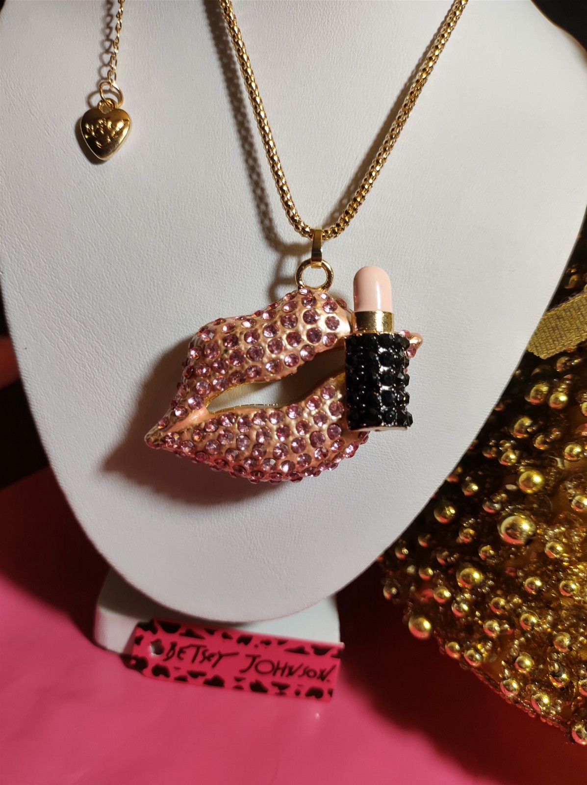 Betsey Johnson Pink Rhinestone Lips And Lipstick Necklace & Gold Plated Rope