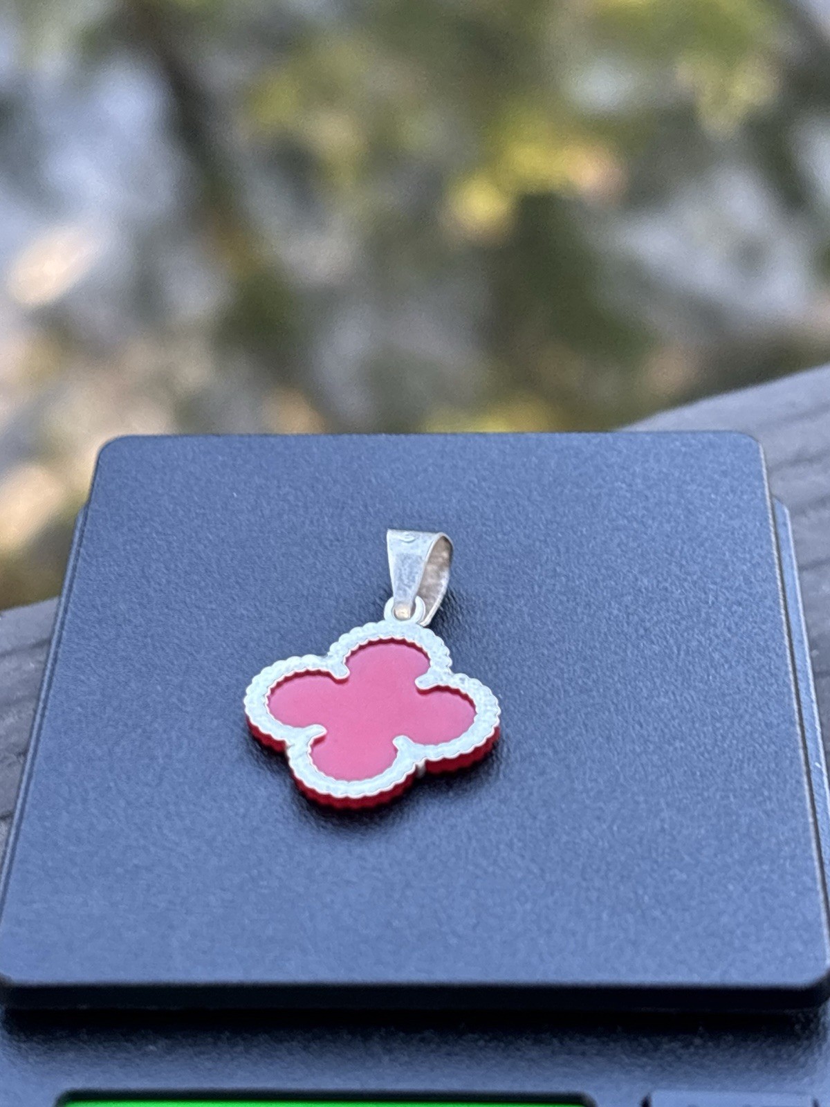 Silver 925 Red Enamel Clover Pendant Charm, Flowers & Plants Theme, No Stones