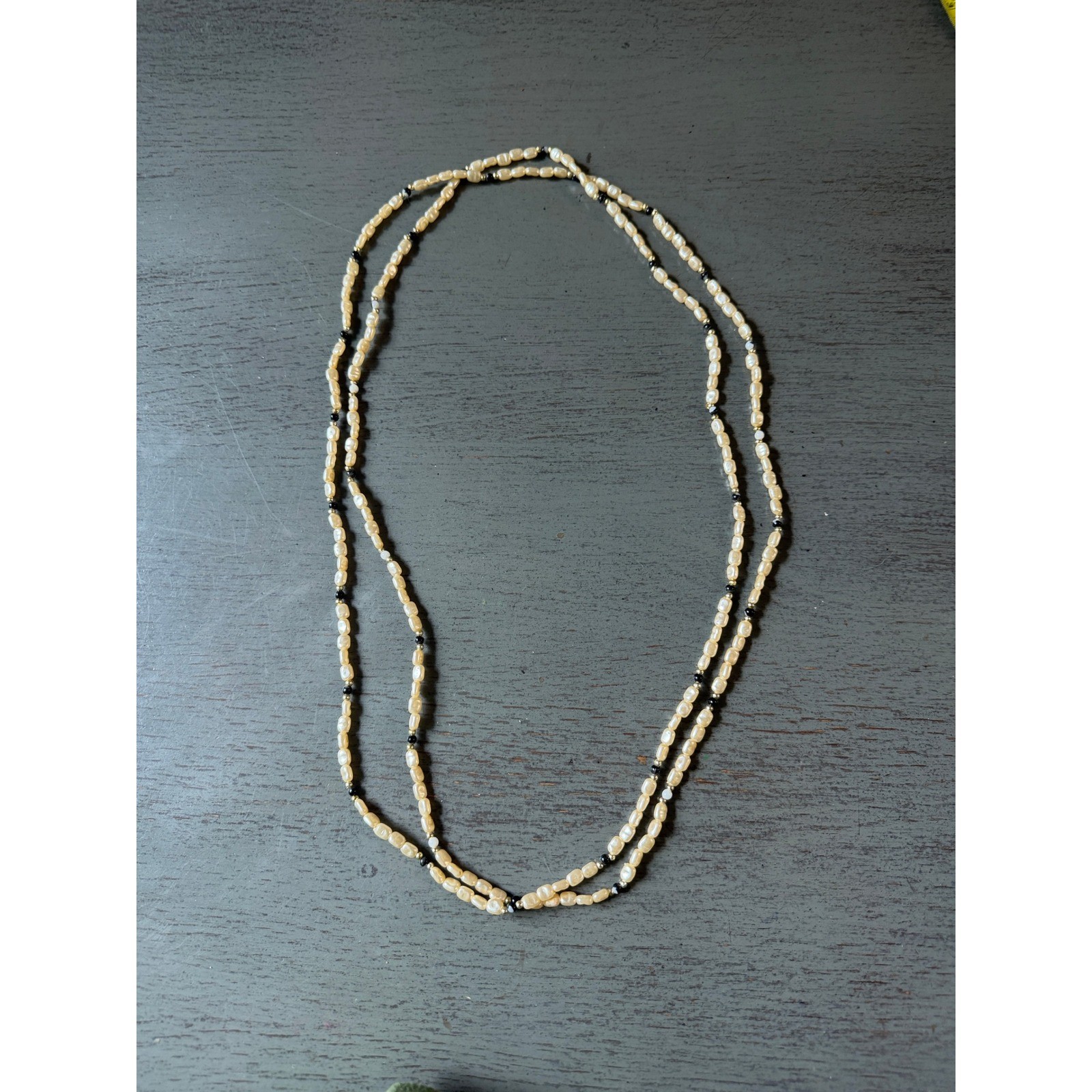 Vintage Long Rice Pearl Necklace Cream Black Gold Accent Endless Strand 32in