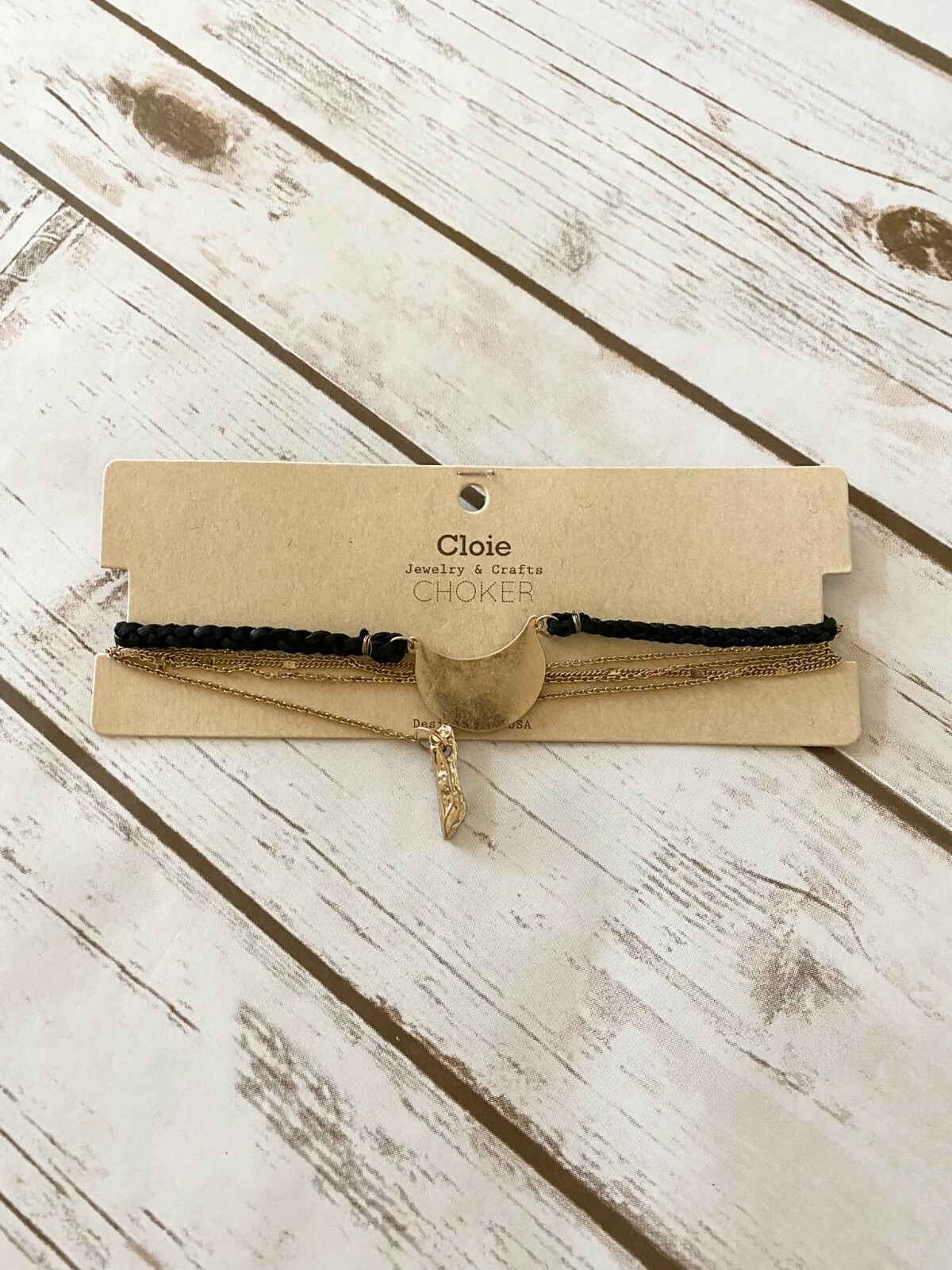 New Women’s Black Cloie Braided Choker & Chain Necklace Crescent Shape Charm