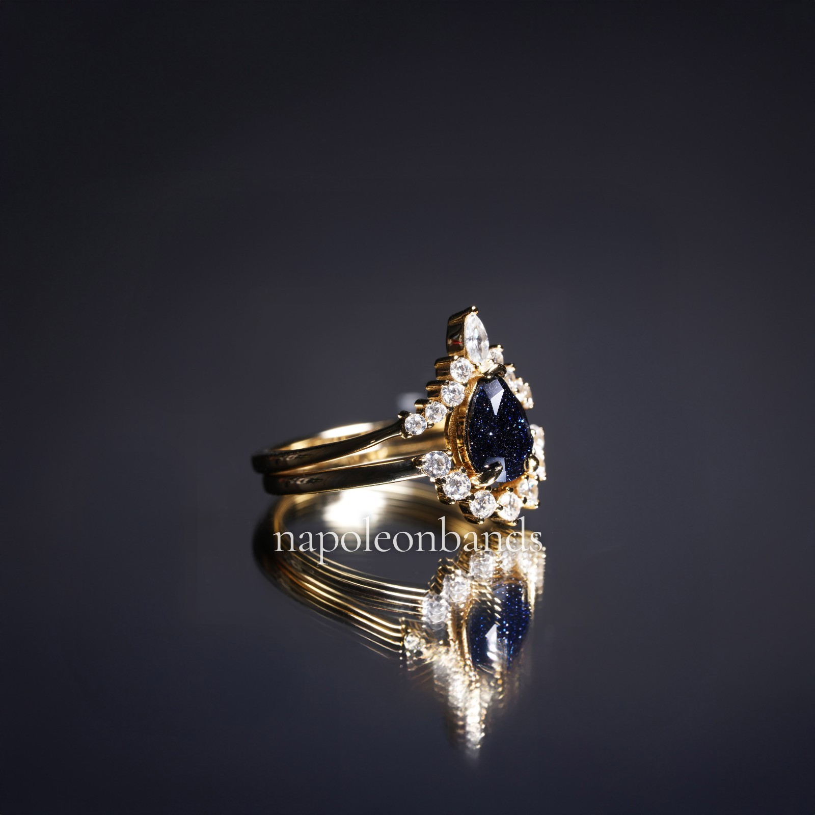 Women’s Galaxy Blue Sandstone Stackable Ring 14K Gold Vermeil Silver Pear Cut
