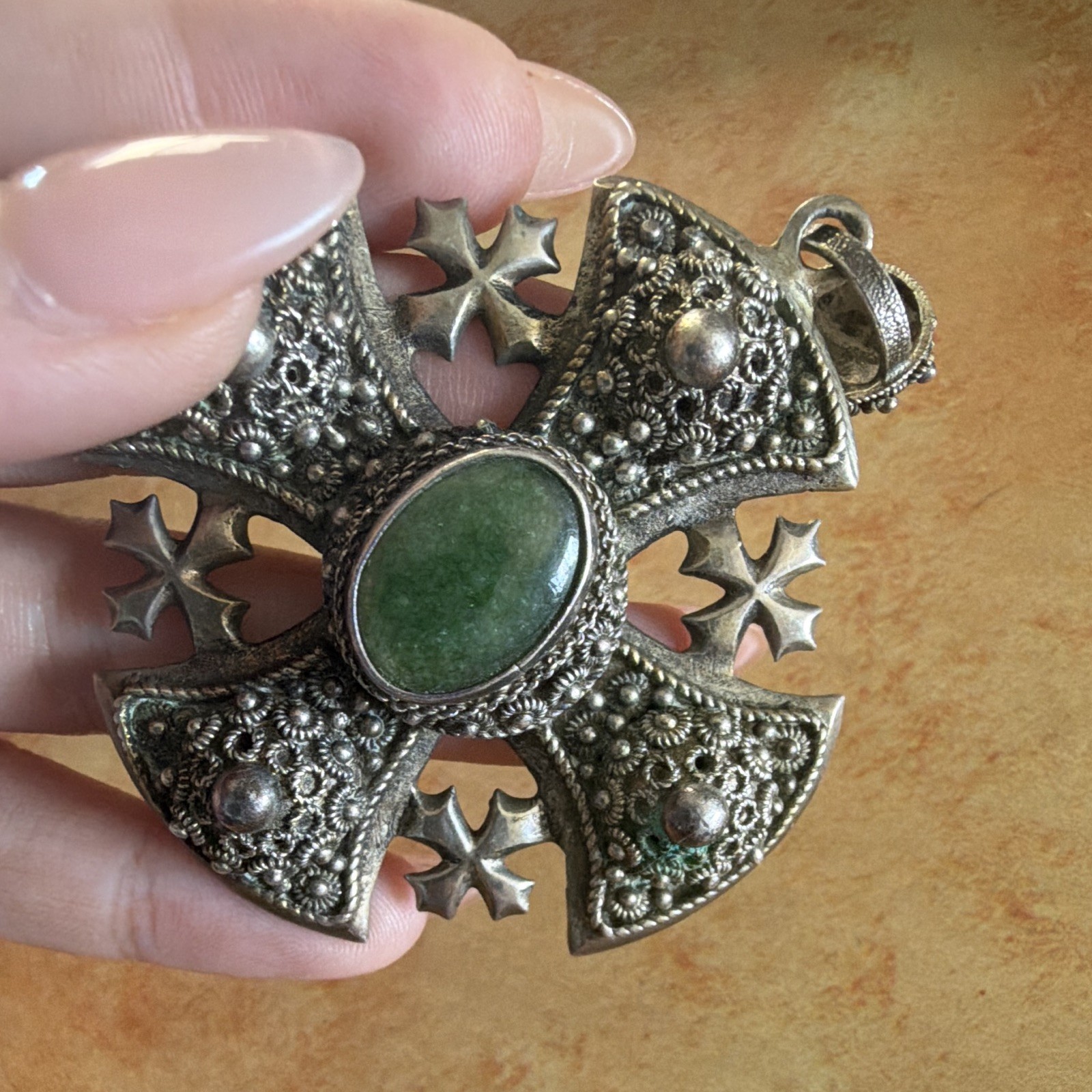Jerusalem crusaders pendant , Bezel Set Oval Green Stone