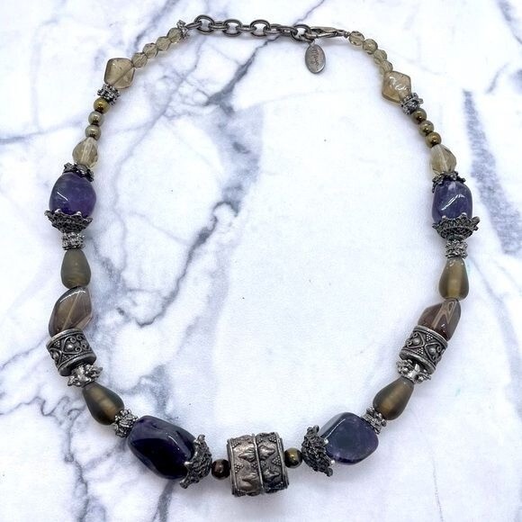 Stone Glass Metal Necklace Signed Maya Bohemian Boho Gypsy Style Purple