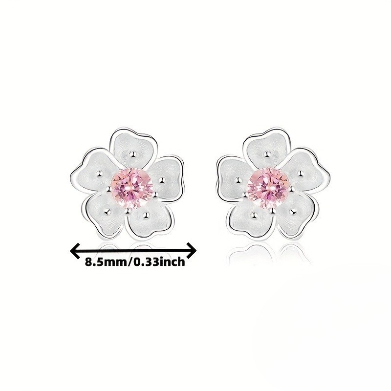 Women’s Elegant Pink Rhinestone Ear Studs Cherry Blossom SMALL Earrings Copper