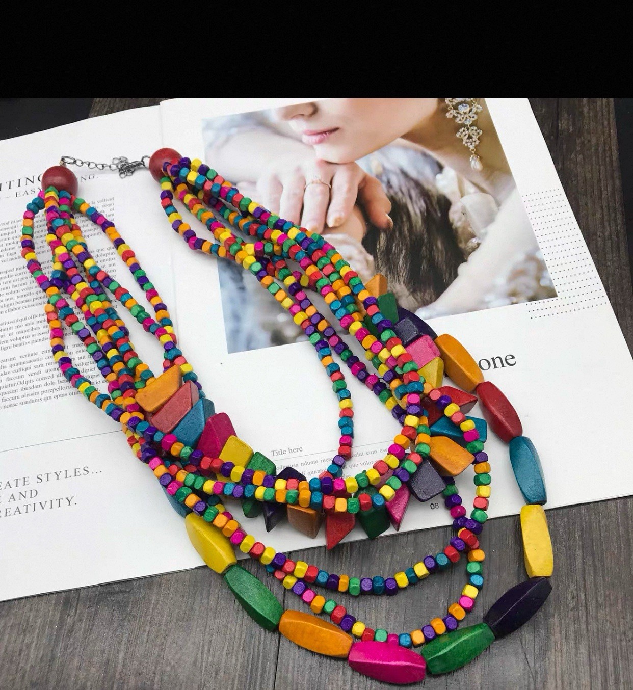 Multicolor Layered Wood Beaded Statement Necklace Adjustable Lobster Clasp