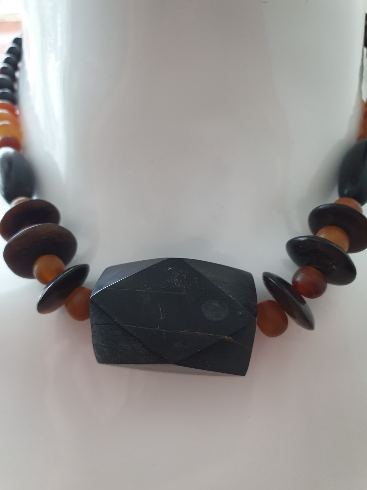 Vintage Artisan Black Orange Chunky Acrylic Beaded Boho Festival Necklace