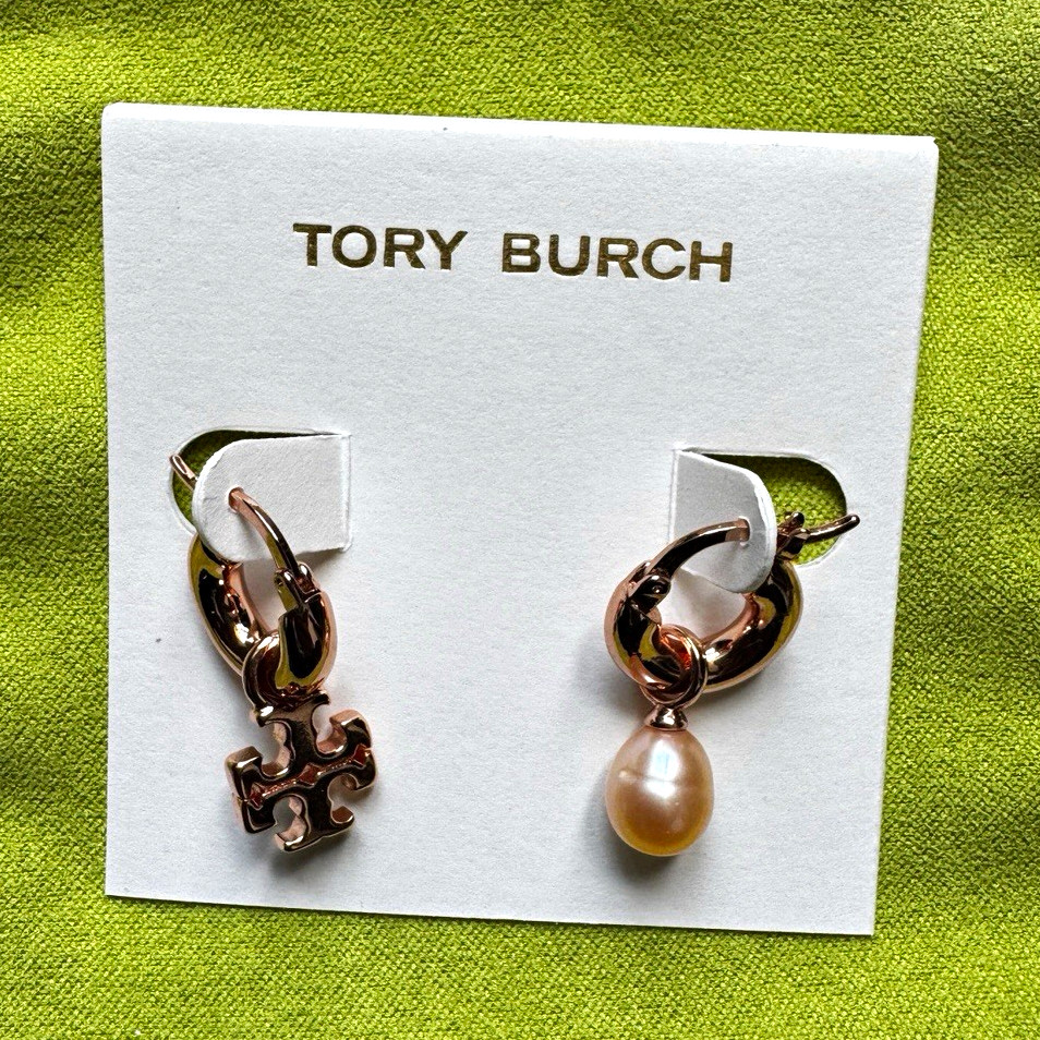 Tory Burch Earrings Rose Gold Tone Hoop Dangle Cream Pearl Teardrop Logo
