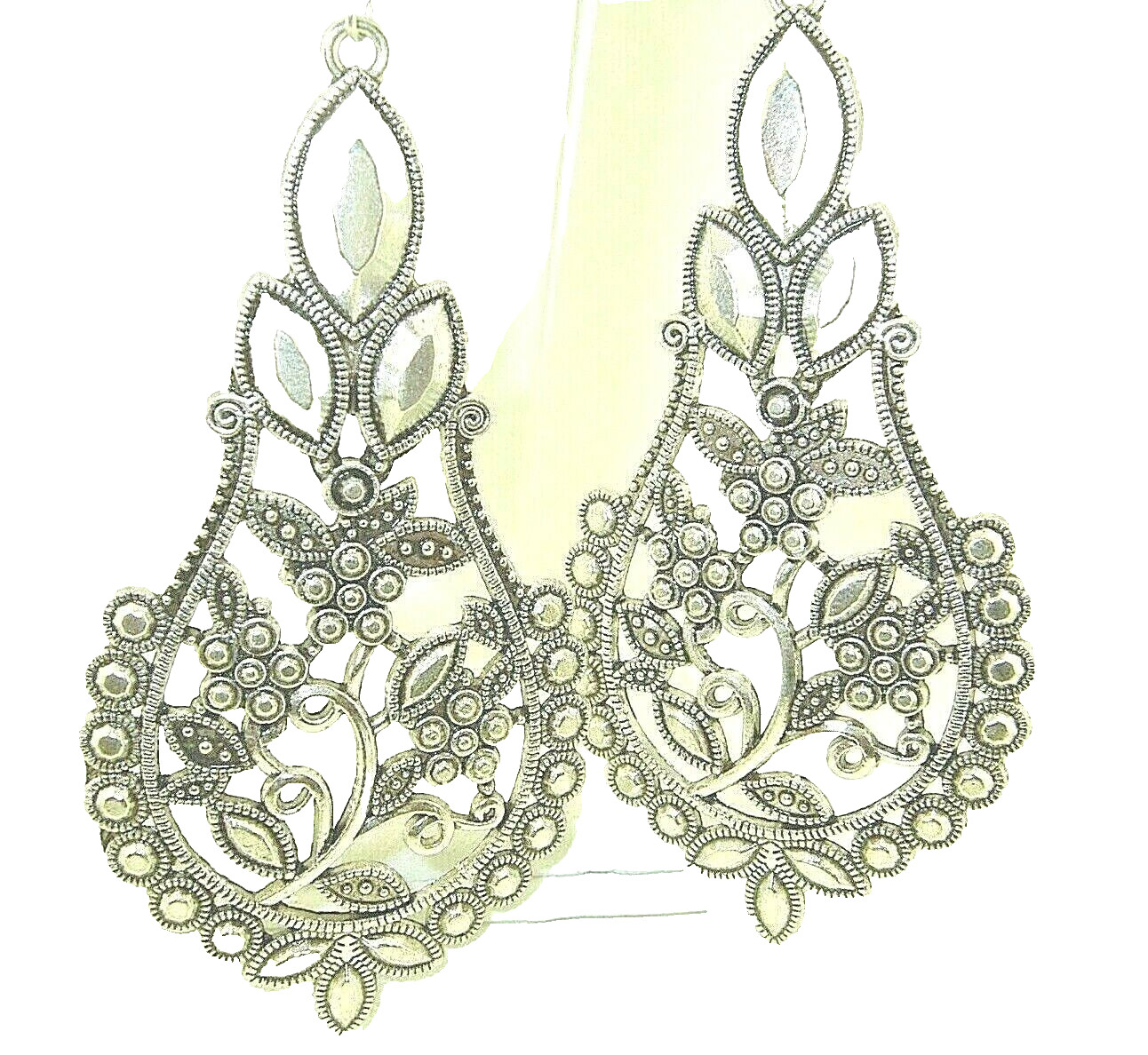 New Oversize Beautiful Ornate Beaded Silver-tone Drop Dangle Earrings 3.75″ Long