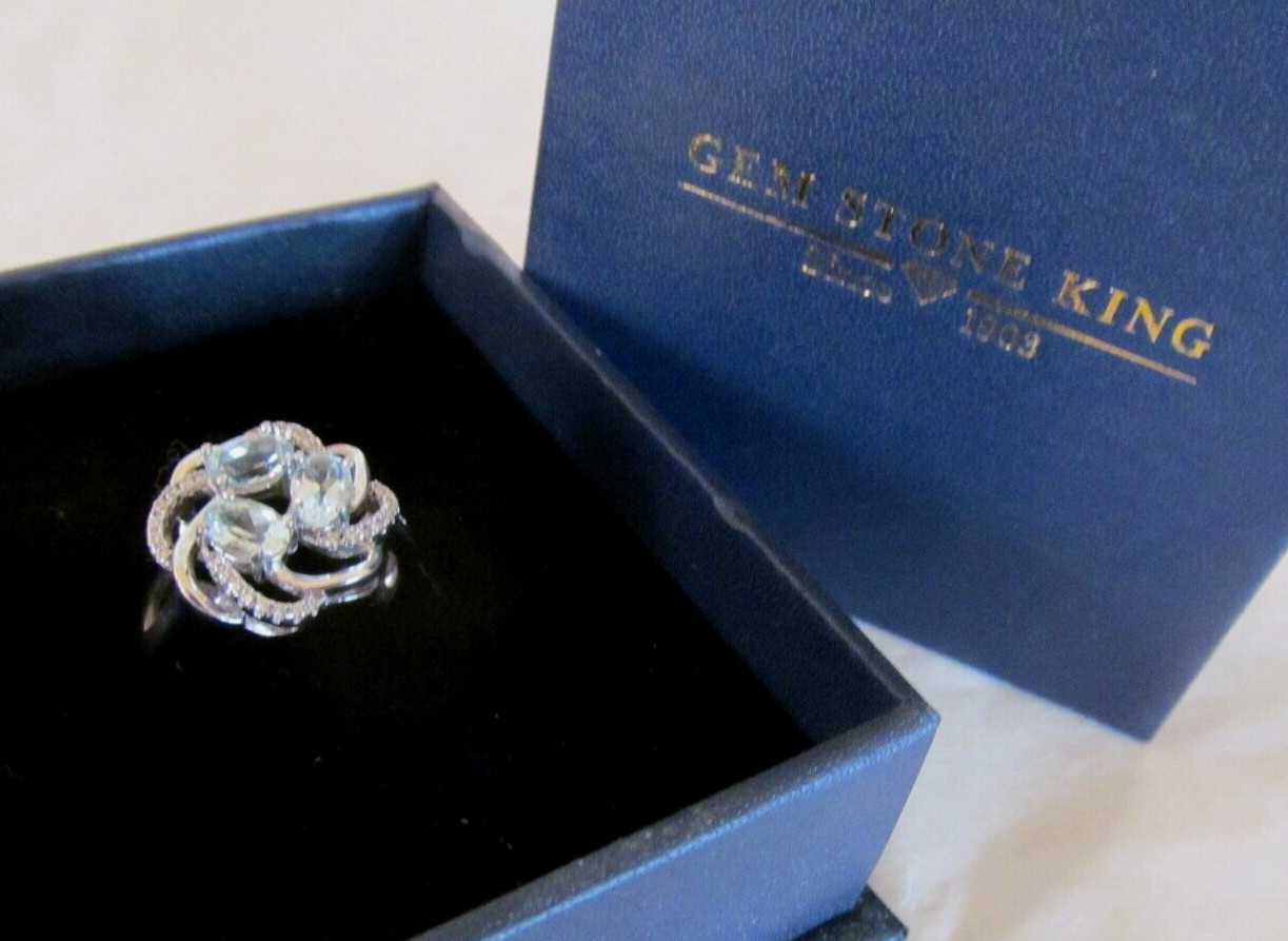 GEM STONE KING GSK STERLING SILVER LAB AQUAMARINE CLEAR STONE RING SIZE 7 IN BOX