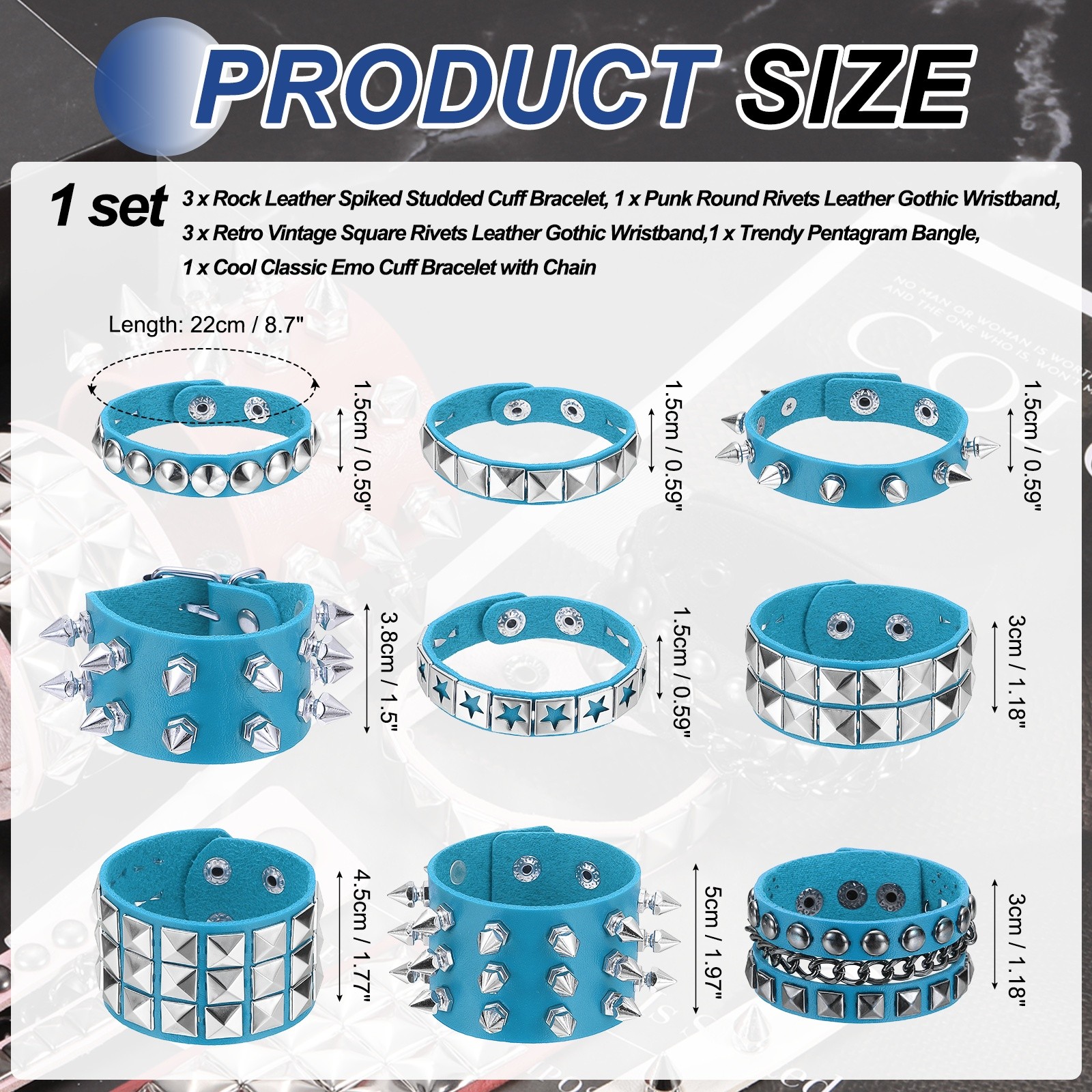 9Pcs Rock Punk Studded Bracelet Set 8.7″/22cm Adjustable Bracelets Light Blue