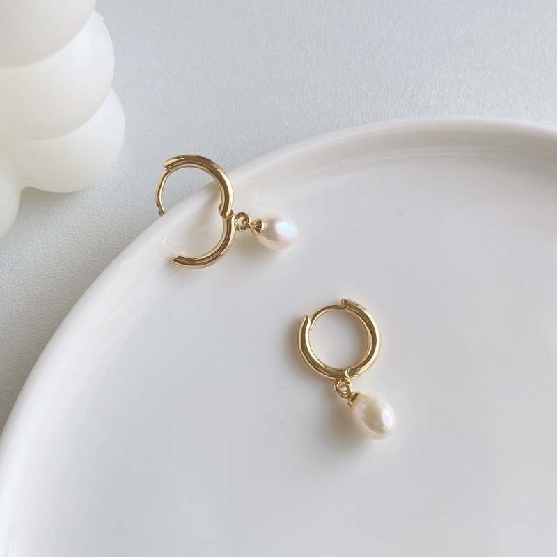 Gold Tone Dangle Drop Teardrop Pearl Small Huggie Hoop Earrings Gift AJ