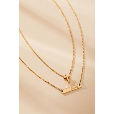 Tiny Tags 14K Gold Ion Plated Faith Bar and Cross Chain Necklace