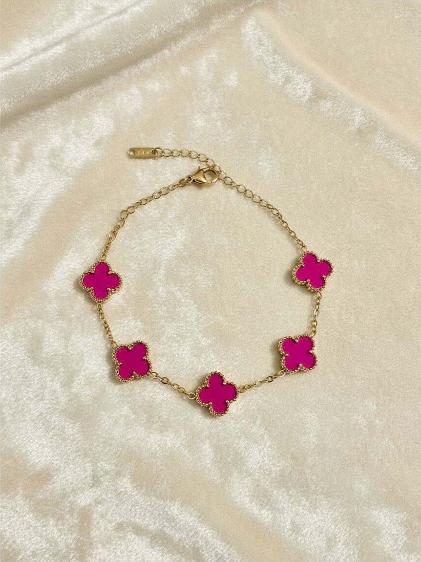 5-Motif Magenta/Fuschia Pink Clover Chain Bracelet