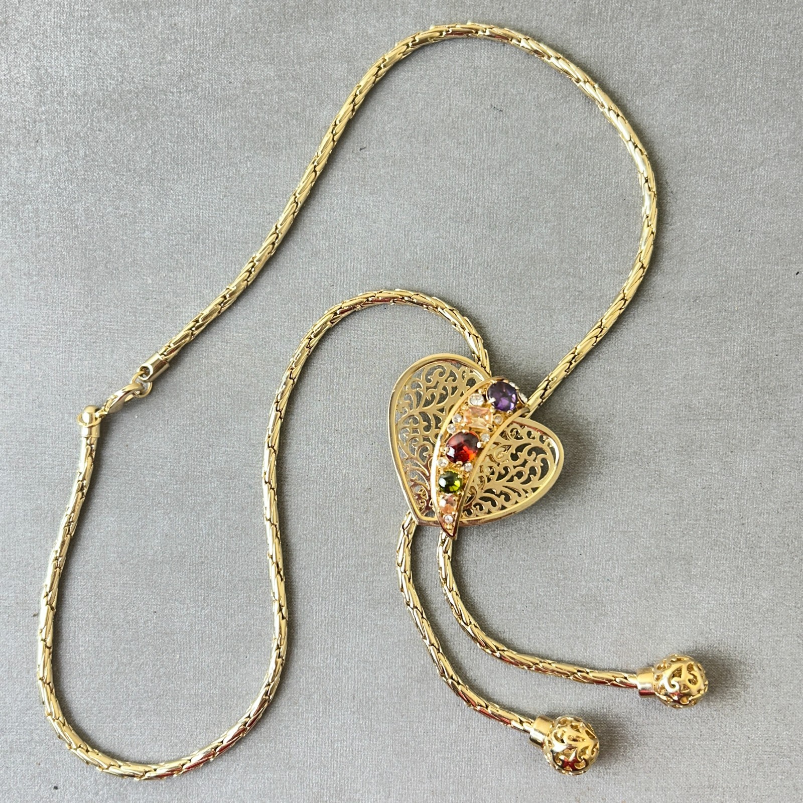 Gold Tone Lariat Chain Necklace – Heart Bolo Slide – Crystals Open Back Setting