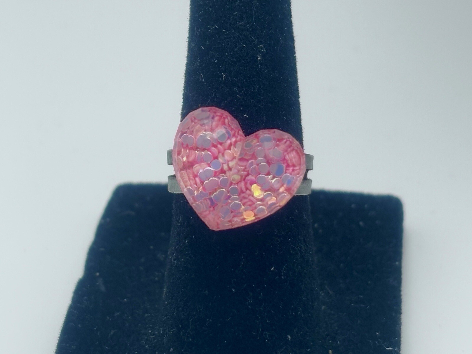 Pink Sparkly Reflective Plastic 3D Heart Ring Adjustable Size 5
