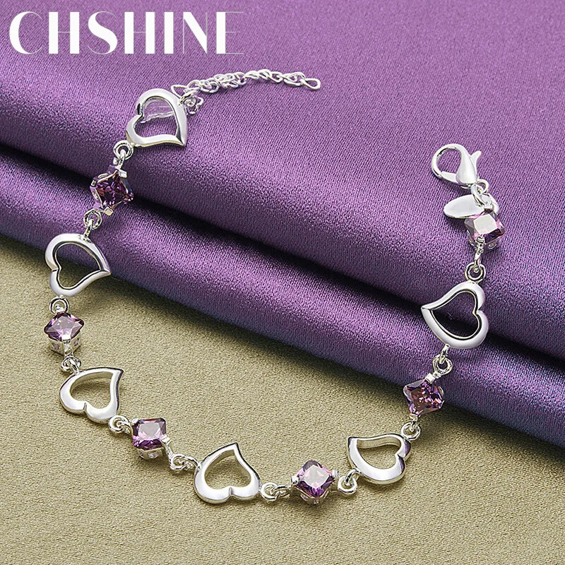 CHSHINE 925 Sterling Silver Heart Purple Zircon Chain Bracelet Charm Jewelry